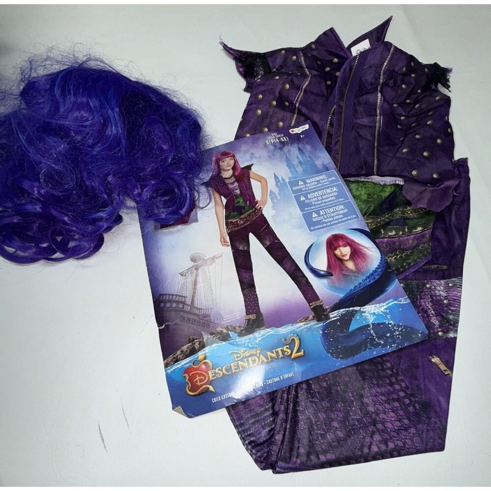Disney Descendants 2 Mal Halloween Costume Girls  S 4-6 3 Piece Outfit  + Wig